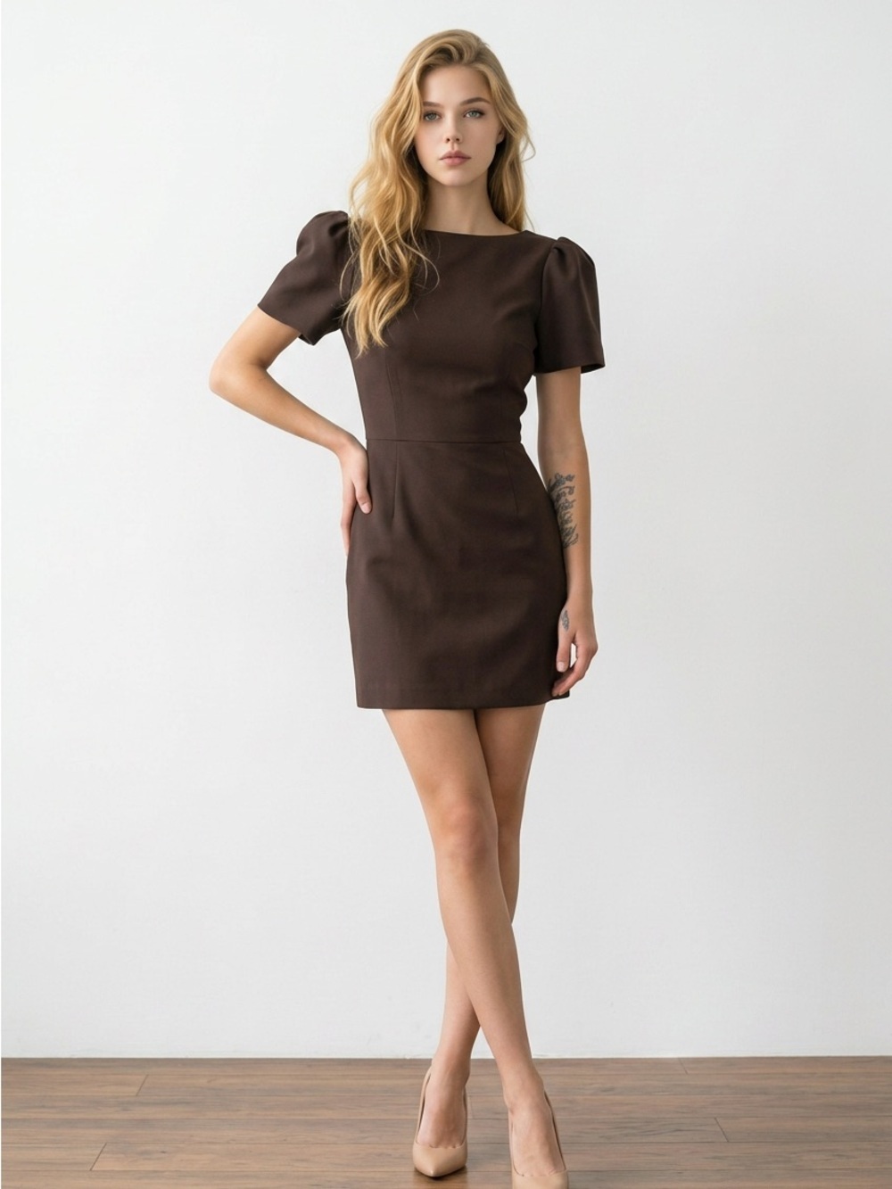 Zara Brown Puff-Sleeve Mini Dress